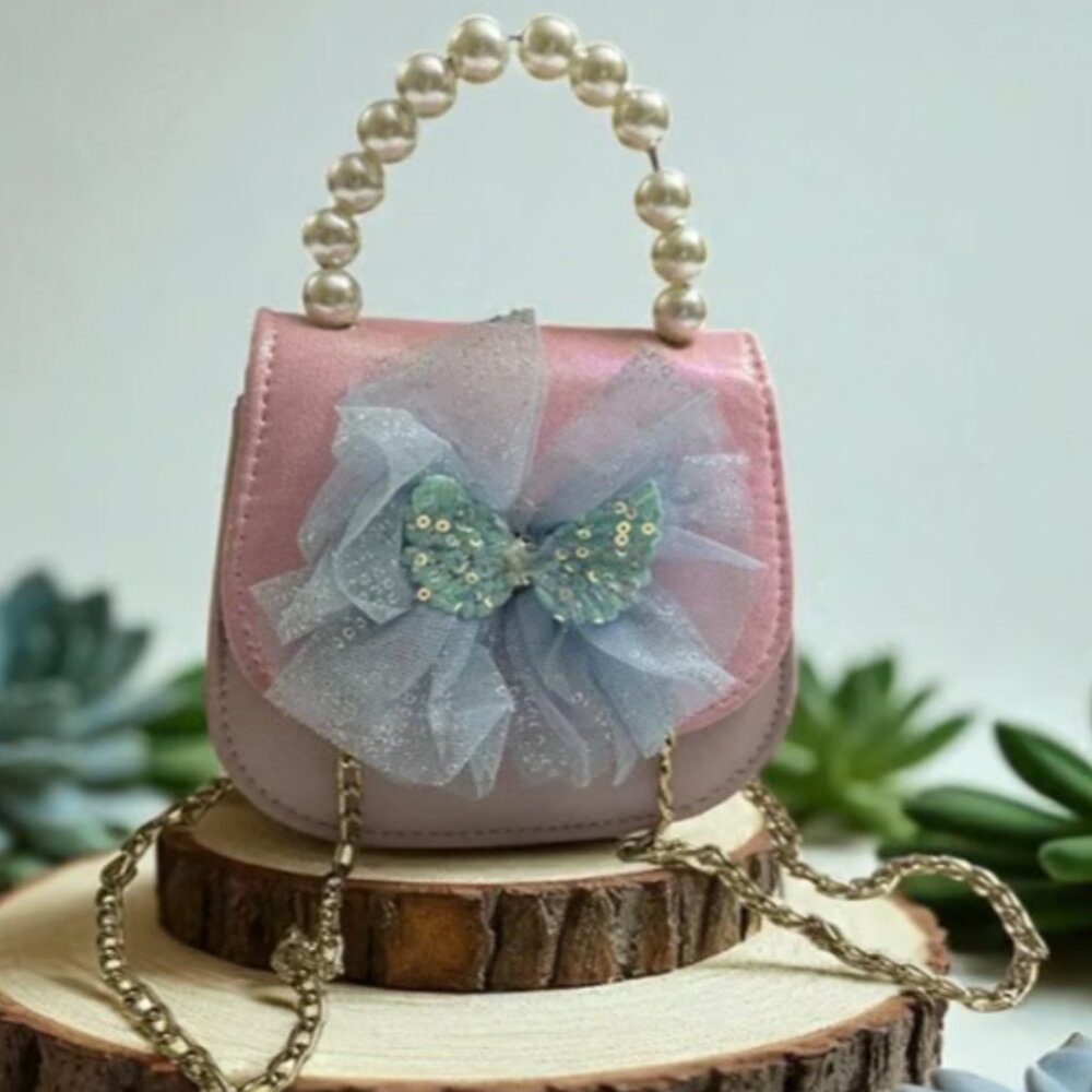 Girls Pink Glitter Purse with Butterfly Bow and Pearl Handle